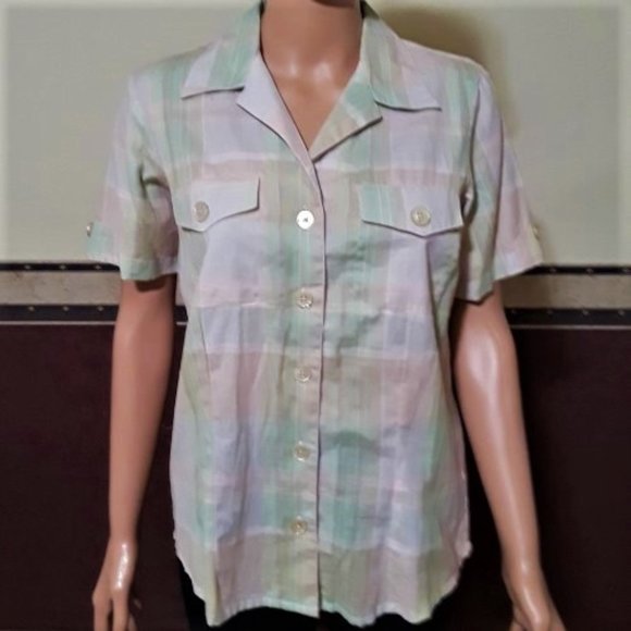 BASIC EDITIONS MULTI PLAID COLLAR BUTTON DOWN FRONT POCKETS BLOUSE SIZE S NWOT - Picture 1 of 4